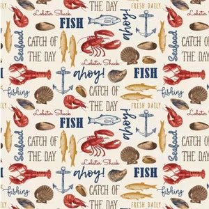 May include: A seamless pattern featuring a nautical theme with red lobsters, blue anchors, yellow fish, and seashells on a cream background. The pattern includes the text "Catch of the Day", "Lobster Shack", "Ahoy!" and "Fish".