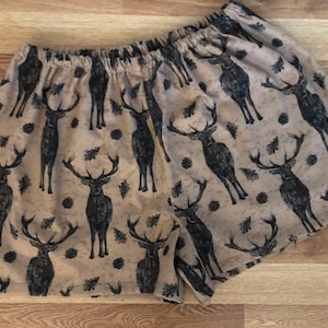 Bucks on Brown Flannel Pajama Shorts,Pajama Pants, Dorm Shorts, Deer, Woodland. Available in Sizes XS-XXL