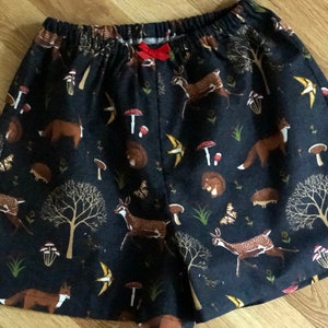 Woodland Animal Flannel Pajama Shorts. Available in sizes XS-XXL