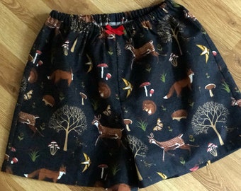 Woodland Animal Flannel Pajama Shorts. Available in sizes XS-XXL