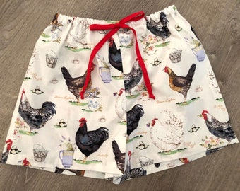 Bomullstupp, kyckling, pyjamasshorts med bondgårdsdjur - strandshorts, pyjamasshorts, pyjamasshorts, finns i storlekarna XS-XXL med justerbar midja