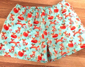 Floral Fox Flannel pajama shorts, pj shorts, dorm shorts.  Available in sizes XS-XXL