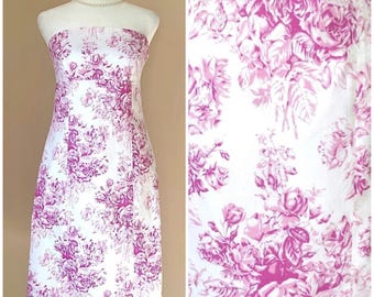 Vestido de fiesta de algodón vintage de Nueva York - Toile de Jouy rosa blanco y rosa - Vestido veraniego floral de rosas sin tirantes estilo cottagecore - Talla S/M
