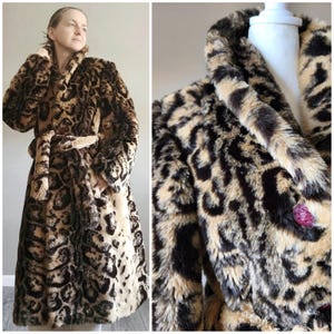 Vintage Unik 70-tals Fuskpäls Leopardmönstrad Kappa Med Bälte - Djurmönster Mob Wife Lyxig Trenchjacka Hollywood Glam Jacka - S/M
