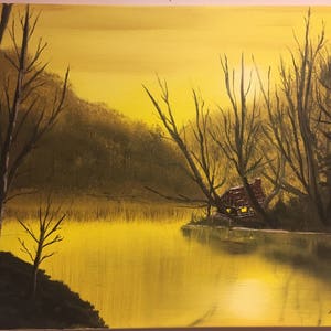 Original Landscape Oil Painting, 16x20, Wall Art, Handmade Fine Art by Justin Myers, Creekside Cabin, Winter Sunset