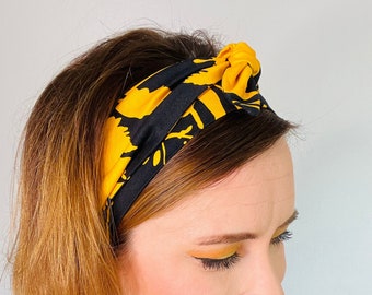 Black and Yellow Tie Headband for Women, Long Tie Back Adult Headband