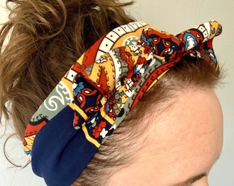 Navy Tie Back Headband, Navy Headband, Persian Print, Women's Headband,