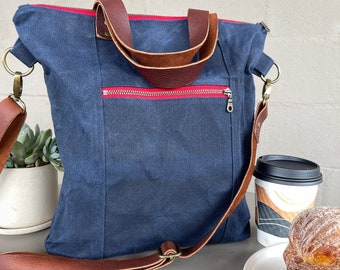 Waxed Canvas Bag | Cross body Bag | Tote Bag | Water Repellent Zippered Purse w/ Genuine Leather Handles and Strap | Made in USA