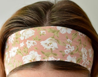 Boho Tie Headband Pink and White Floral, Scarf Hair Tie,  Heatless Curls Hair Band