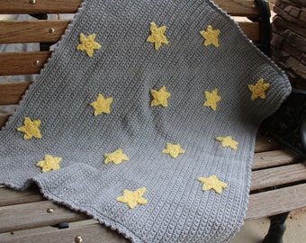 Handmade Crochet Baby Blanket: Gray with Yellow Stars
