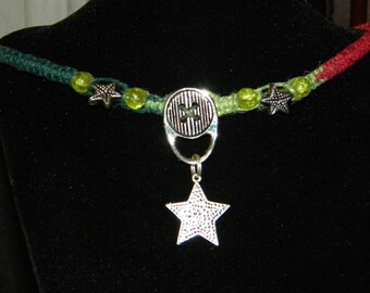 Star Pendant, Silver, Hemp, Choker, Necklace, Red and Green, Macrame, Boho, Hippie, Green Beads, Silver Starfish Beads