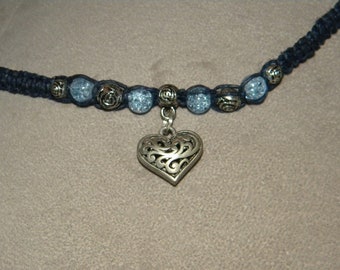 Heart Pendant, Silver, Filigree, Choker, Necklace, Black Hemp, Macrame, Boho, Hippie, Blue Beads, Silver Beads