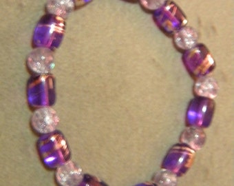 Purple Bracelet, Purple Glass Beads, and Lavender, Crackled, Glass Beads, Beaded Bracelet, Stretch Bracelet