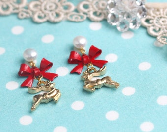 Studs pearl bow earrings reindeer forest christmas winter gold plated freshwater earring