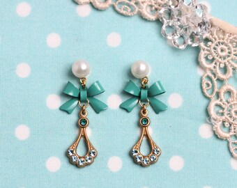 Studs pearl bow earrings gold plated freshwater green light blue blue strass vintage pinup burlesque