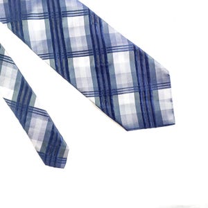 May include: A blue and white plaid necktie. The tie features a repeating pattern of blue and white squares and stripes. The tie is made of a smooth, possibly silk, material. The tie is angled across a white background.