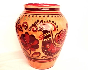 Ukrainian Rustic Ceramic Vase with Traditional Rooster Pattern - Zozula 1980