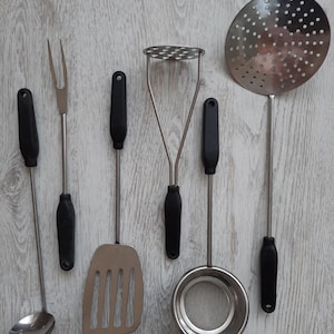 Vintage Steel Cooking Utensils with Plastic Handles - Multipurpose Kitchen Tools - 1980s