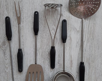 Vintage Steel Cooking Utensils with Plastic Handles - Multipurpose Kitchen Tools - 1980s