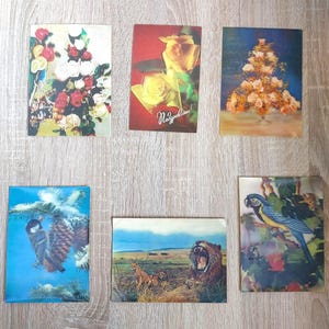 2 Set of Holographic flowers, animals postcards 3D effect 1980s, card  3 dimension effect Unique vintage postcards made in USSR from 1980s