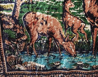 Vintage Velour Deer Tapestry – 1980s Soviet Wildlife Wall Hanging