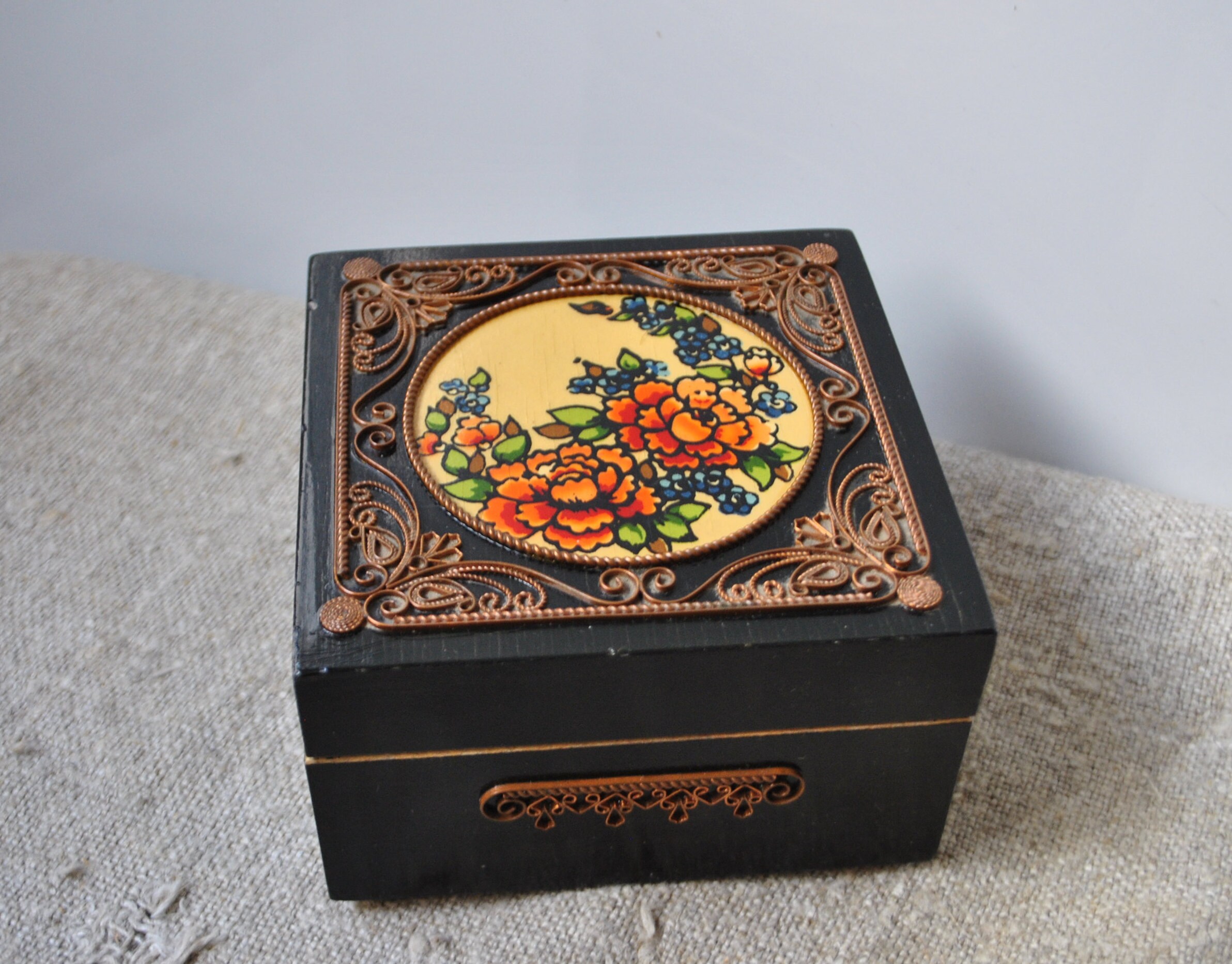 Vintage Black Wooden Jewelry Box Accessories Box 1970s Etsy