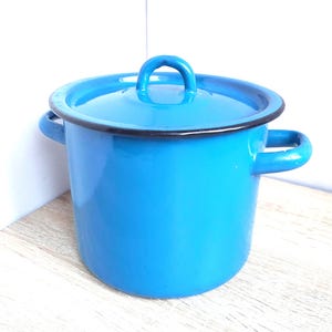 Enamel Pot with Lid - Small Blue and White Metal Soup Pot with Handles - Retro Camping Pan - 1980s Cookware