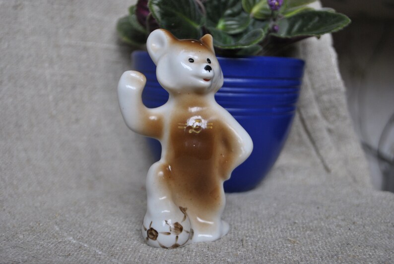 Soviet figurine Bear Footballer-player ZHK Porcelain Figurine 1980-s USSR Antique Ceramic MISHKA Olympic Games