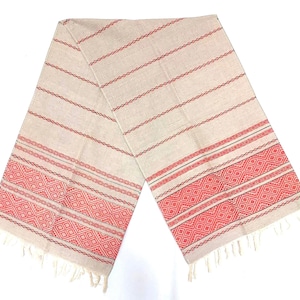 Vintage ukrainian rushnyk linen towel, folk embroidered textile red fringe 1970s