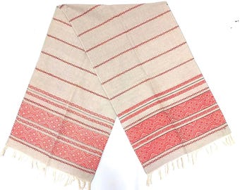 Vintage Oekraïense Rushnyk linnen handdoek, folk geborduurd textiel rode franje jaren 1970