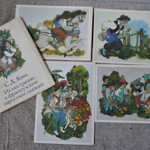 Illustraties voor Franse volksverhalen, set van 16 kunstkaarten met sprookjes, Oekraïense illustrator Kim 1990