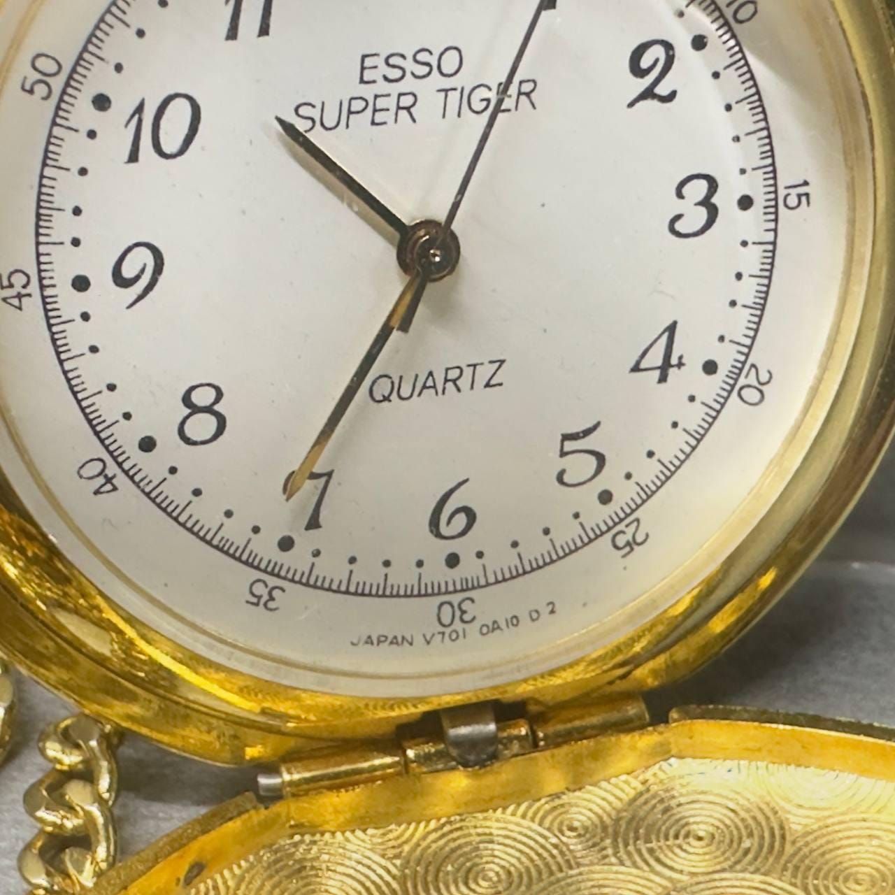 1990s Goldtone Quartz Pocket Watch With Chain, ESSO Super Tiger
