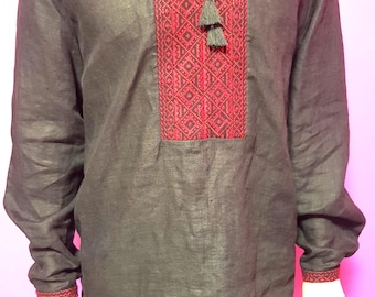 Ukrainian black linen embroidered men's shirt, Vyshyvanka Handmade - Ethno folk man's shirt