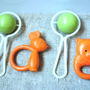 USSR Baby Rattles Set - Teddy Bear, Mouse, Ball - 1970s Plastic Toys