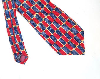 Vintage Red and Blue Silk Tie: Designer Necktie with Yellow Accents