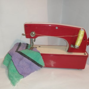 1970 Mechanical sewing machine for children Ukrainian brand MSHDM - Red mechanical toy Rare gift for sewing room decor