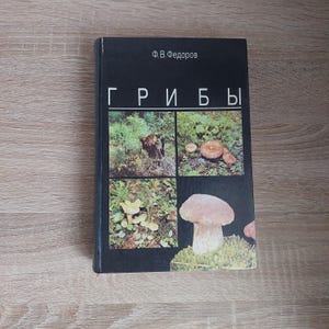 Op de afbeelding: Een zwart boek met de titel "ГРИБЫ" in witte letters. De omslag toont vier foto's van paddenstoelen in verschillende omgevingen.