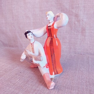 Dancing Woman & Male, Porcelain Dancing Couple (Pair) with Balalaika, Made in Ukraine-1970
