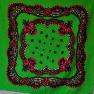 1990 cotton Shawl for girl and woman, Floral pattern Yellow- green with Flowers, folk ukrainian shawl