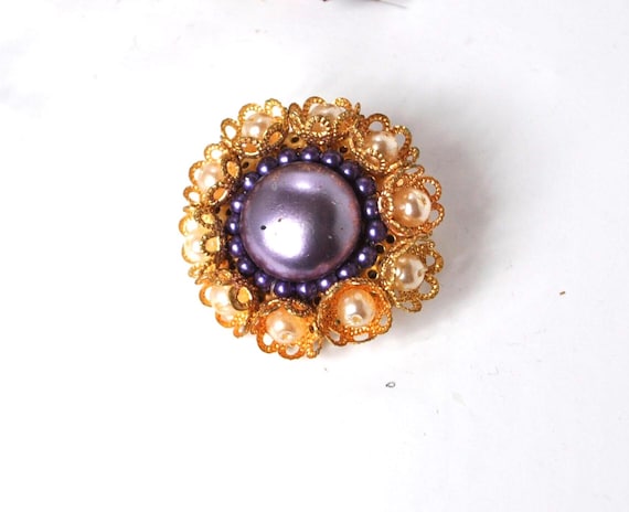 Broche Romantique En Métal Filigrane Doré Avec Perles Et Pierre D'or - Occasion - Style Années 70