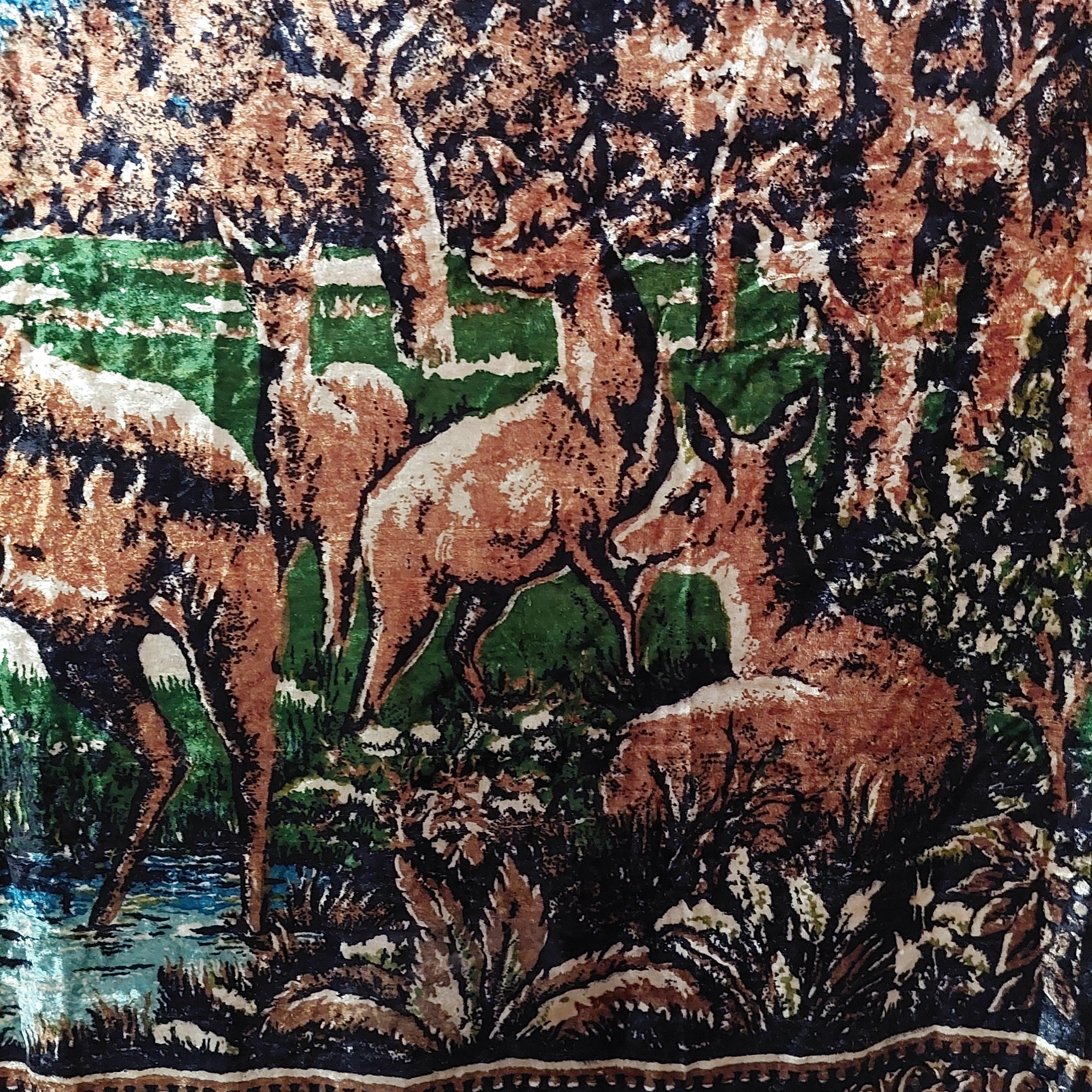 Vintage Velour Deer Tapestry – 1980s Soviet Wildlife Wall Hanging