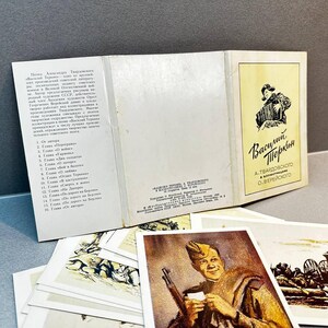 VASILII TERKIN Set 16 Cartes postales soviétiques 1990, mettant en vedette le poème d'A. Tvardovsky, illustré par O. Veremeysky, Souvenirs d'histoire militaire de l'URSS
