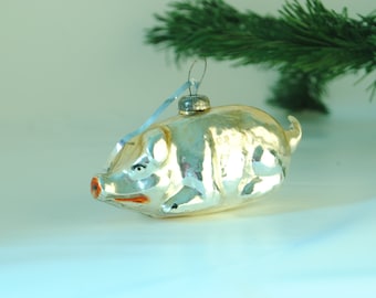 Blown Glass Ornament Christmas Pig, rare Xmas decor-1960