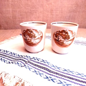 Set of  2 Ceramic White Espresso Cups with Tree Decals without Handles, Image of Nature, Small White Tumblers, made in Ukraine-1980