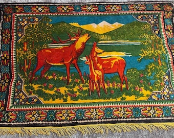 Vintage Deer Tapestry Wall Hanging, Velour Rug, Soviet Wildlife Textile, 1970s, Large Fringe Decor