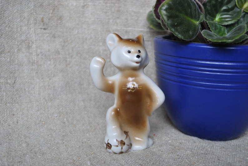 Soviet figurine Bear Footballer-player ZHK Porcelain Figurine 1980-s USSR Antique Ceramic MISHKA Olympic Games