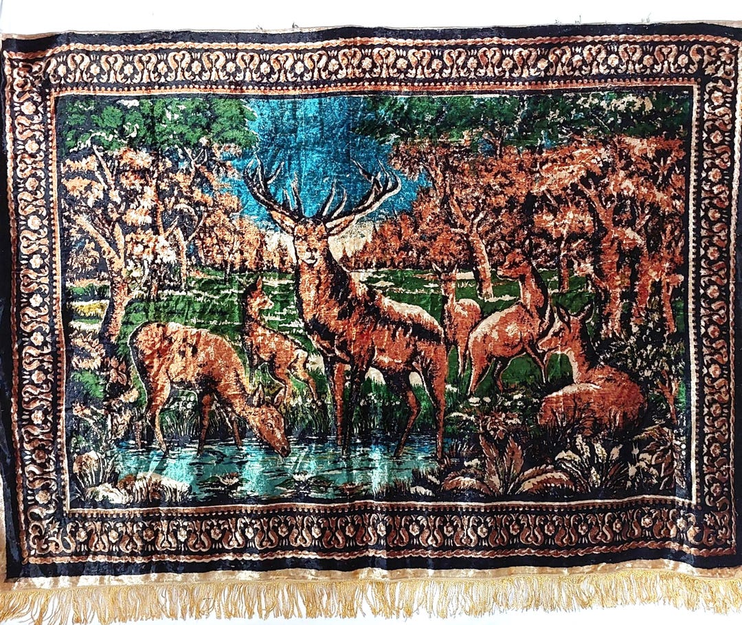 Vintage Velour Deer Tapestry – 1980s Soviet Wildlife Wall Hanging