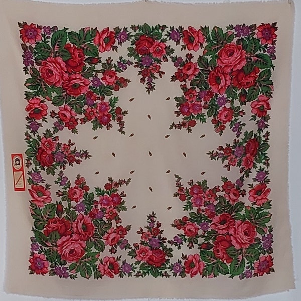 Woolen Scarf for Girls and Women with Floral Ornament - Traditional Kyiv Design, 1984 Label, Crafted by Kyiv Company 'TROYANDA'
