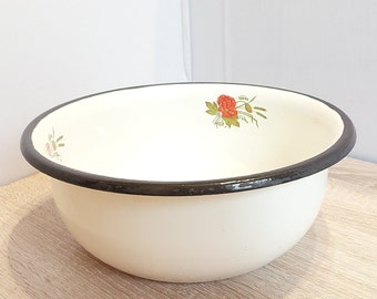 1960s Soviet Enameled Bowl: White with Poppy Pattern - Large Heavy-Duty Tableware for Home and Travel