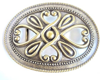Vintage Oval Belt Buckle, 10 x 8 cm, Ornate Antique Brass Tone Metal